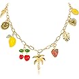 NEKOL Gold Charm Necklace for Women Teen Girls Hawaii Style Chain Necklace with Cute Dangle Coconut Tree Cherry Lemon Mango Strawberry Heart Fruit Bow Pendant Trendy Y2K Summer Beach Jewelry Gift