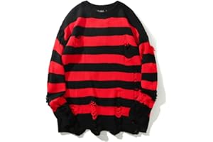 NIAN Black Red Striped Sweaters Washed Destroyed Ripped Sweater Men Hole Knit Jumpers Men Women Oversized Sweater Harajuku,XXL