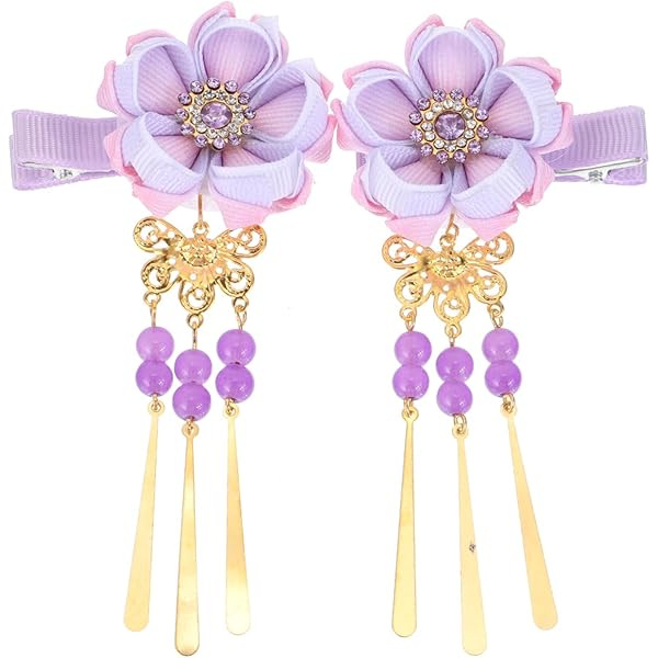 Handgefertigter Sakura Haarclip Mit Kirschblüten – Japanisches Kimono Accessoire In Lila, Fächerform Mit Quasten