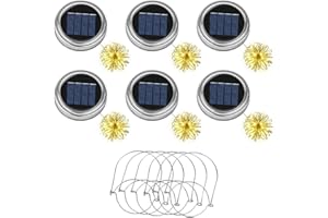 Adiwo 6PCS Mason Jar Lid with 20 2m LED Light String, Mason Jar Lids with 6 Hangers, Lantern Solar Light for Outdoor Garden, Yard, Balcony, Christmas, Halloween Decorations