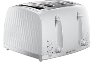 Russell Hobbs Honeycomb 4 Slice Toaster (Independent & Extra wide slots with high lift, 6 Browning levels, Frozen/Cancel/Reheat function, Removable crumb tray, 1500W, White textured high gloss) 26070