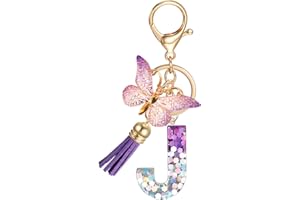 JSRQT Initial Letter Keychain, Purple Sequins Resin Alphabet Letter Keyrings for Women Girls, Butterfly Tassel Pendant Key Chain Bag Charm