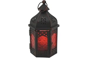 Rebecca Mobili Porta Candela Etnica, Lanterna da Interno Esterno, Metallo Vetro, Rosso Nero, Camera Terrazza - Misure: 17 x 9 x 8 (HxLxP) - Art. RE6562