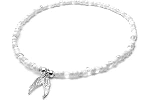 VILDA JEWELLERY Angel Wings Anklet - White Glass Seed Bead Mix with Silver Tone Charm - Elastic Anklet Plus and Standard Size Choice (XXL 13 inches)