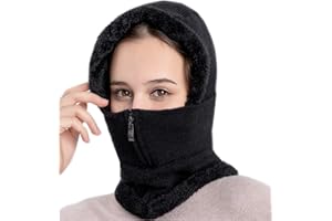 Moonlove Ladies Elegant Knitted Balaclava Hat Women's Scarf Hat Set with Zip Neck Ear Warmer Thick Windproof Fleece Padded Hood Cycling Skiing Cap Winter Outdoor