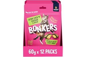 BONKERS Cat Bites 12 x 60 g, Crunchy & Soft Catnip, Chick 'N' Cheddar Flavoured Pet Treats
