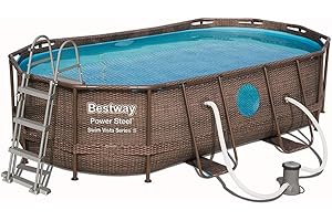 BESTWAY - Piscina Desmontable Tubular Power Steel 427x250x100 cm Depuradora Cartucho 2.006 l/h Escalera y Cobertor Diseño Rattan