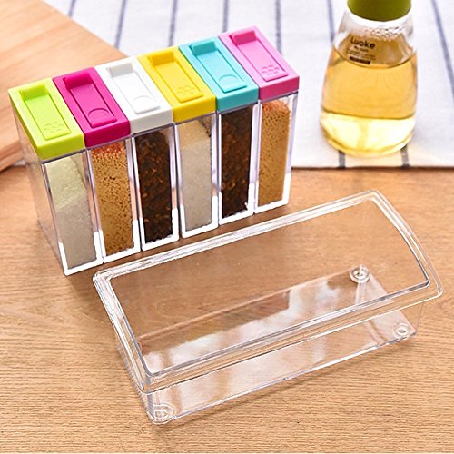 Gewürzdosen Set mit 6 Teilen aus Kunststoff mit dem Aufbewahrungsregal Accessoires für Küche, Farben Zufalls Spice Jar Set Speisewürze Essig Flasche (Transparent) - 4