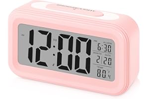 Sarsumir Despertador Digital, Reloj Despertador Digital Pilas Inteligente Silencioso con Luz Nocturna LED Despertador con Función de Posponer Temperatura de Fecha para Niños Infantil Adulto, Rosa