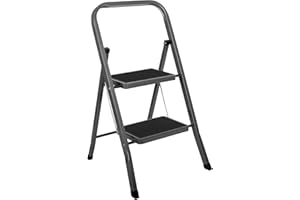 Futura 2 Step Ladder Grey, Heavy-Duty Steel Folding Ladder & Folding Step Stool with Wide Non-Slip Steps, Anti Slip Feet, 150kg Load Capacity, Ideal for Home/Kitchen/Garden or DIY Step Stool
