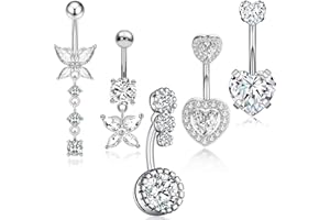 BENIFILE Belly Button Bars, 5 Pcs Silver Hypoallergenic Stainless Steel Belly Bars Dangly Set, Butterfly Heart Surgical Steel Ring Navel Belly Piercing Jewellery for Women