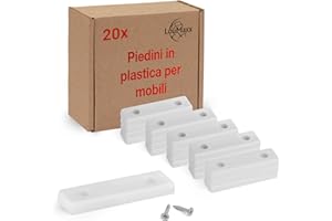 LouMaxx - Set di 20 piedini in plastica per mobili, dimensioni dei tacchetti 50 x 14 x 5 mm, tacchetti in plastica da avvitare in pratica confezione multipla, piedini mobili bianchi Viti di montaggio