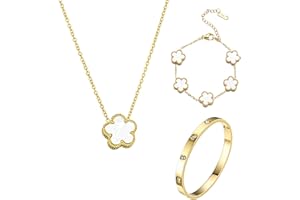 GWAWG Ensemble de bijoux à quatre feuilles, collier plaqué or 18 carats, collier pendentif plaqué or 18 carats, bracelet en zircone cubique, cadeau pour femmes et filles, taille unique, Alliages
