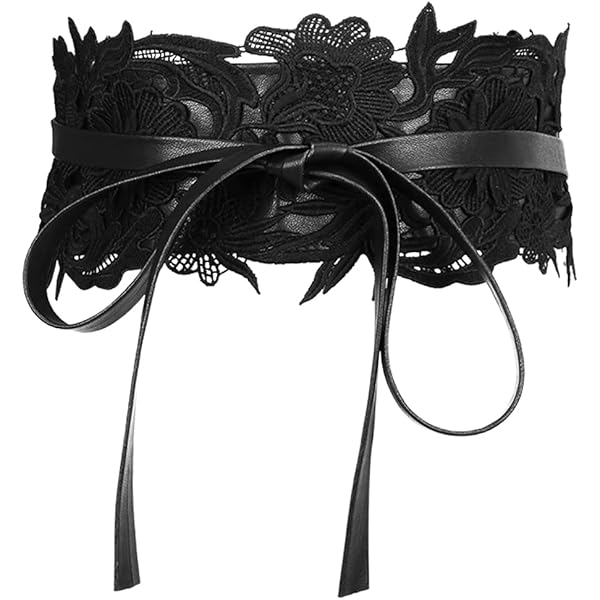 WedDecor Obi-riem voor dames, tailleriem, zelfbindende tailleband voor dames, zacht kunstleer en kant, gehaakte omslagdoek, 100 mm brede band