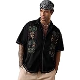 The Souled Store Nomad: Tribe Men and Boys Short Sleeve Cuban Collar Black Embroidered Casual Drop Shoulder Trendy Streetwear