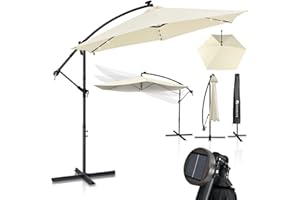Juskys Ampelschirm Brazil 300 cm LED Beleuchtung Solar & Kurbel - UV-Schutz wasserabweisend knickbar - Sonnenschirm Marktschirm grau/creme