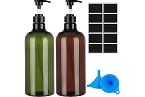 INVALIDISM Pump Bottle Dispenser,2 Pcs 1000ml/35oz Refillable Empty Press Pump Bottles,Refillable Plastic Empty Pump Bottles Dispensers with Funnel and Label for Lotions,Shampoo,Conditioner,Green+Brown