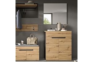 Lomadox Garderoben Set 2-teilig Garderobe mit Schuhschrank Schuhkommode Garderobenspiegel Spiegel modern in Eiche mit grau