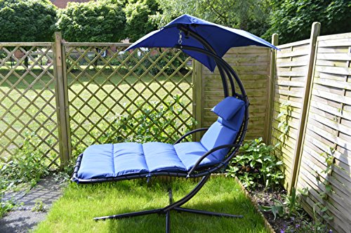 Schwingliege Hängeliege Sonnenliege Dreamchair Gartenliege Garten Liege blau mit bequemer Auflage, Kopfkissen und großem Sonnensegel - 
