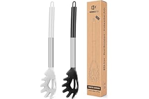BUNDLEPRO Pack of 2 Silicone Pasta Fork, Kitchen Heat Resistant Noodle Spoon Server, BPA Free Spaghetti Strainer,Best Cooking Tools (BLACK-WHITE), FB-109-BW