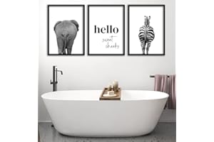 EVIEPOPS PRINTS Elephant Zebra Bum Grey Bathroom Wall Art Set of 3 Unframed Safari Animal Prints, Hello Sweet Cheeks Quote, Funny Bathroom Decor, Home Wall Art Decor, New Home Gift, Monochrome Prints (A4)