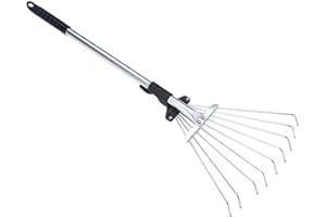 ALEOHALTER Râteau à feuilles de jardin, râteau télescopique en métal, râteau à feuilles pliable réglable pour un nettoyage rapide de la pelouse et de la cour, poignée extensible avec tête réglable et