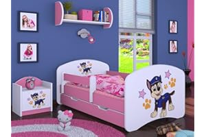 Happy Babies Kinderbett - mit Rausfallschutz Junge 140x70 Bett für Kinderzimmer mit Schublade & Matratze Einzelbett für Kinder Weiß/Blau Hundemotiv Police (Rosa)