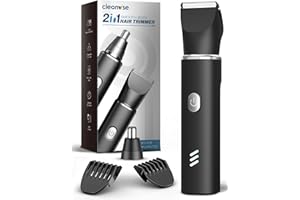 CLEANWISE Body Hair Trimmer Men, 2-in-1 Grooming Kit, Ball Trimmer with Nose Hair Trimmer, Replaceable Ceramic Blade Heads for Men for Legs, Chest, Armpit and Nose, 2 Sensitive Combs, Waterproof, Travel Lock