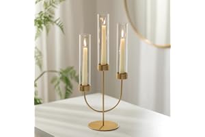 Sziqiqi Złote świeczniki: 3-ramienny świecznik centralny ze szklanym huraganem na stół jadalny - nowoczesne metalowe świeczniki do dekoracji świątecznej kolacji na zewnątrz