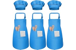 PTJJXA 3 Sets Children Apron and Chef Hat Age 3-12, Adjustable Boy Girl Apron and Elastic Cooking Hat, Child Painting Aprons with 2 Pockets, Toddler Chef Hat Apron Set for Crafting Baking Kitchen