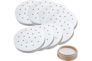 FortuneGlobe 200pcs de papier perforé 23 cm en bambou pour cuisson à la vapeur et à la vapeur，10 Pouces de parchemin antiadhésif comme papier dim sum, Friteuse à air