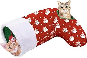 Pawaboo Katzenspielzeug, 2 Wege Weihnachtssocke Katzentunnel Upgrade Weihnachten Tunnel Spielzeug mit Crinkle Papier & Federstahlrahmen Spielzeug Kleintier Röhr für Kätzchen, Roter Schneemann