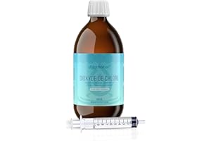 DIOXNATUR® Dioxyde de chlore 3000 ppm CDS 500 ml. Seringue de 10 ml incluse. Bouteille en verre ambré avec compte-gouttes