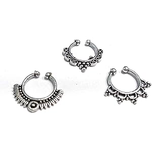 GURJARI JEWELLERS Oxidised Silver-Toned Beautiful Design Colur full Nosepin for Women and Girls