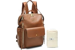 MISS FONG Nappy Changing Bags Backpack, Baby Bags with Changing Mat, Leather Baby Changing Backpack Diaper Bag for Mum and Dad Stroller Straps, Insulated Pockets -Brown