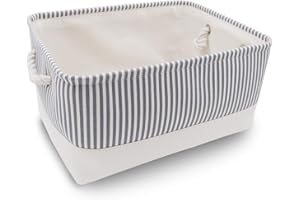 MANGATA Caja de almacenamiento de tela, cesta de almacenamiento de lona engrosada plegable con asas de cuerda para ropa, juguetes (Rayas Grises, Large)
