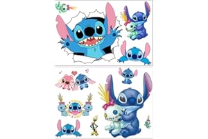 SFODTN Wall Stickers Lilo Stitch 3D Smash Wall Decal Removable Wall Stitch Sticker Decals 2pcs Stitch TV Background Window Decoration Removable Sticker Vinyl Sticker