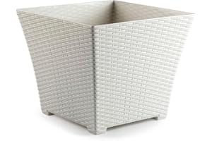 AC - Maceta Cuadrada - Fabricación en plástico – Diseño Rattan – Ideal como macetero, Tiesto, Recipiente para Plantas, Flores, balcón, terraza, jardín – 25 cm – Color Blanco Marfil