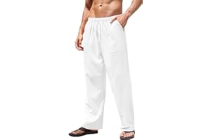 Yutdeng Pantalones Largos de Hombre Pantalones de Lino Algodón Ligeros Pantalón Casuales Verano Pants Rectos Cómodo y Respirable Pantalones de Playa con Bolsillos Cordón