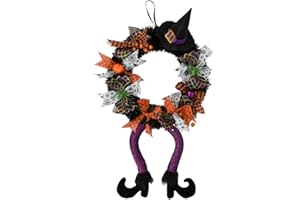 NUZEKY Dekoracja na Halloween: wieniec na drzwi wejściowe, okno i dekoracja ścienna, kapelusz czarownicy, noga, dynia, wieniec na drzwi, wysokość całkowita 67 cm, wianek, dekoracja domowa, Halloween,