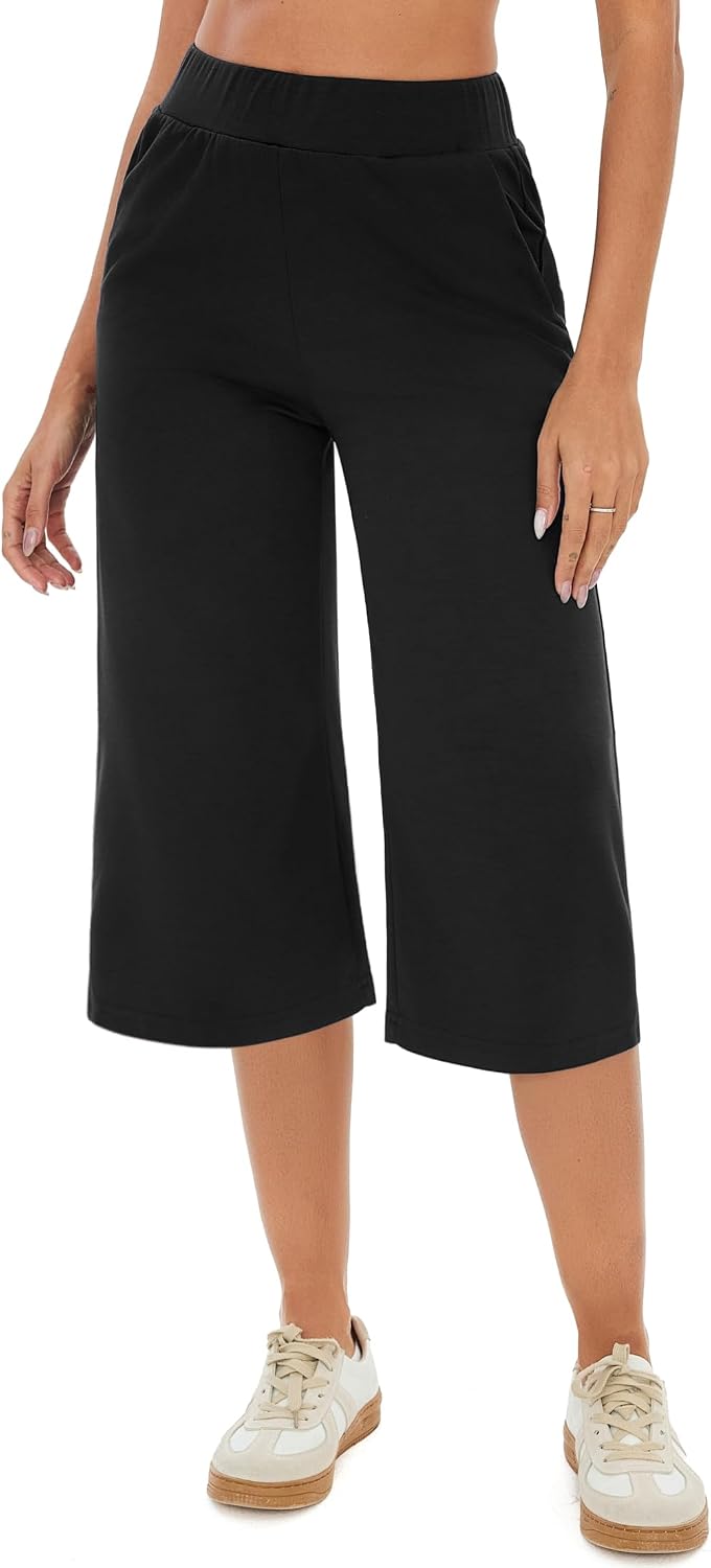 Crewhpo Pantalones Chándal Mujer 3/4 Capri Pantalón Verano Pantalones Deportivos con Bolsillos Cintura Alta Elástica Pantalon para Yoga Fitness Correr Jogging
