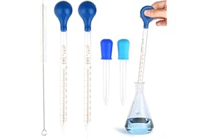 FAMCUCHE Lot de 4 pipettes en verre de 10 ml et 5 ml, compte-gouttes en verre avec brosse de nettoyage, compte-gouttes avec capuchons en caoutchouc, compte-gouttes pour laboratoire, recherche alimentaire