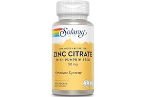 SOLARAY Zinc Citrate con semillas de calabaza 60 Vegcaps, Contribuye al Normal Funcionamiento del Sistema Inmunitario, Sin Gluten, Apto para Veganos