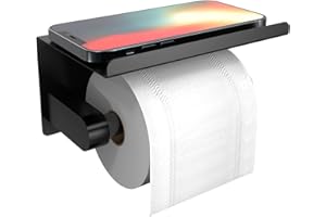 SUSSWIFF Self Adhesive Toilet Paper Holder with Phone Shelf, Wall Mounted Toilet Paper Roll Holder, Rustproof Bathroom Washroom Tissue Roll Holder with Shelf, Toilet Paper Roll Dispenser- Matte Black
