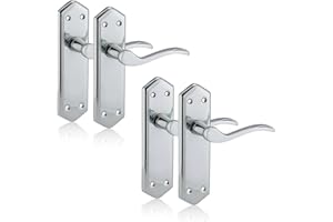 XFORT Chrome Elegance Range Polished Chrome London Suite Lever Latch Handles, Polished Chrome Long Backplate Door Handles, Contemporary Design for Internal Wooden Doors (2 Pairs)
