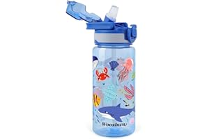 omedecal Borraccia Bambini con Cannuccia, a Prova di Perdite 600ml Borracce Bambina Bambini Bambino, Senza BPA con Maniglia, Lavabile in Lavastoviglie - Animali Marini
