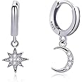 Silver Moon and Star Earrings Huggie Hoop Earrings 925 Sterling Silver Hoop Earrings Handmade Drop Dangle Earrings for Women Girls