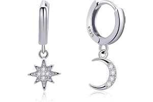 925 Sterling Silver Huggie Hoop Earrings with Moon & Star Design - Handmade Drop Dangle Jewelry for Women Girls, 14K Gold Pla