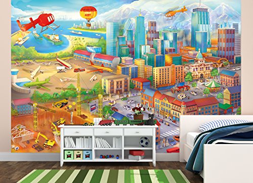 Fototapete Kinderzimmer comic style – Wandbild Dekoration Wimmelbild Großstadt Baustelle Hubschrauber Flugzeug Bagger Flughafen | Foto-Tapete Wandtapete Fotoposter Wanddeko by GREAT ART (336 x 238 cm) - 6