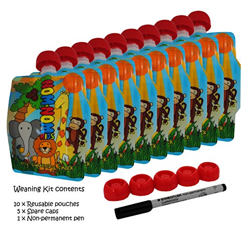 Nom Nom Kids Weaning Kit (pack of 10 reusable pouches, 5 spare caps, 1 pen)